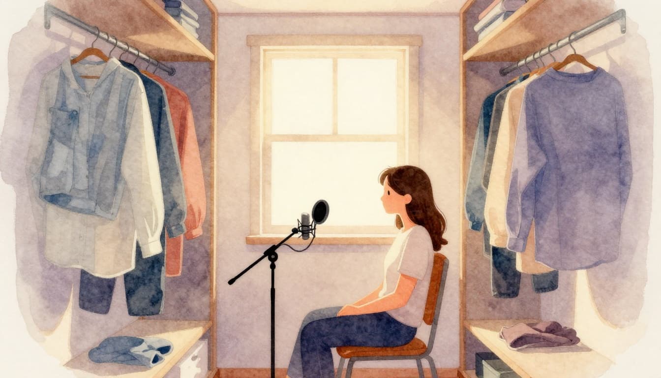 Watercolor style illustration of a small home closet transformed into a quiet recording booth, using hanging clothes and draped blankets for natural sound dampening, with soft window lighting and a central chair and microphone stand.
