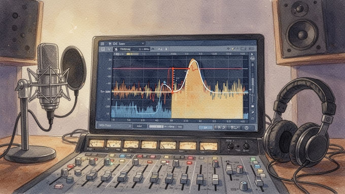Watercolor illustration of an audio EQ curve on a mixing console screen showing a narrow cut in the 2-5kHz midrange on the music track waveform while the voice waveform peaks strongly untouched, in a cozy studio with microphone and headphones.