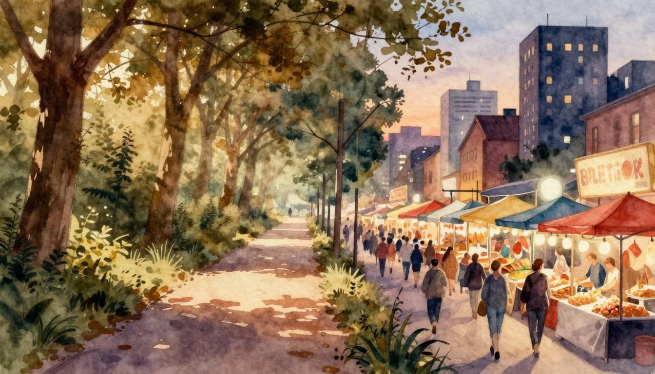 Serene morning forest path fades seamlessly into vibrant dusk city market in watercolor style with soft brush textures and warm earthy tones.