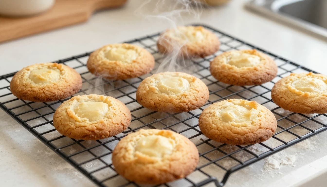 Three perfect golden brown cookies with soft centers on a cooling rack, steam rising gently, in watercolor style with soft blending and brush textures on a flour-dusted kitchen counter. Warm afternoon light in close-up composition.