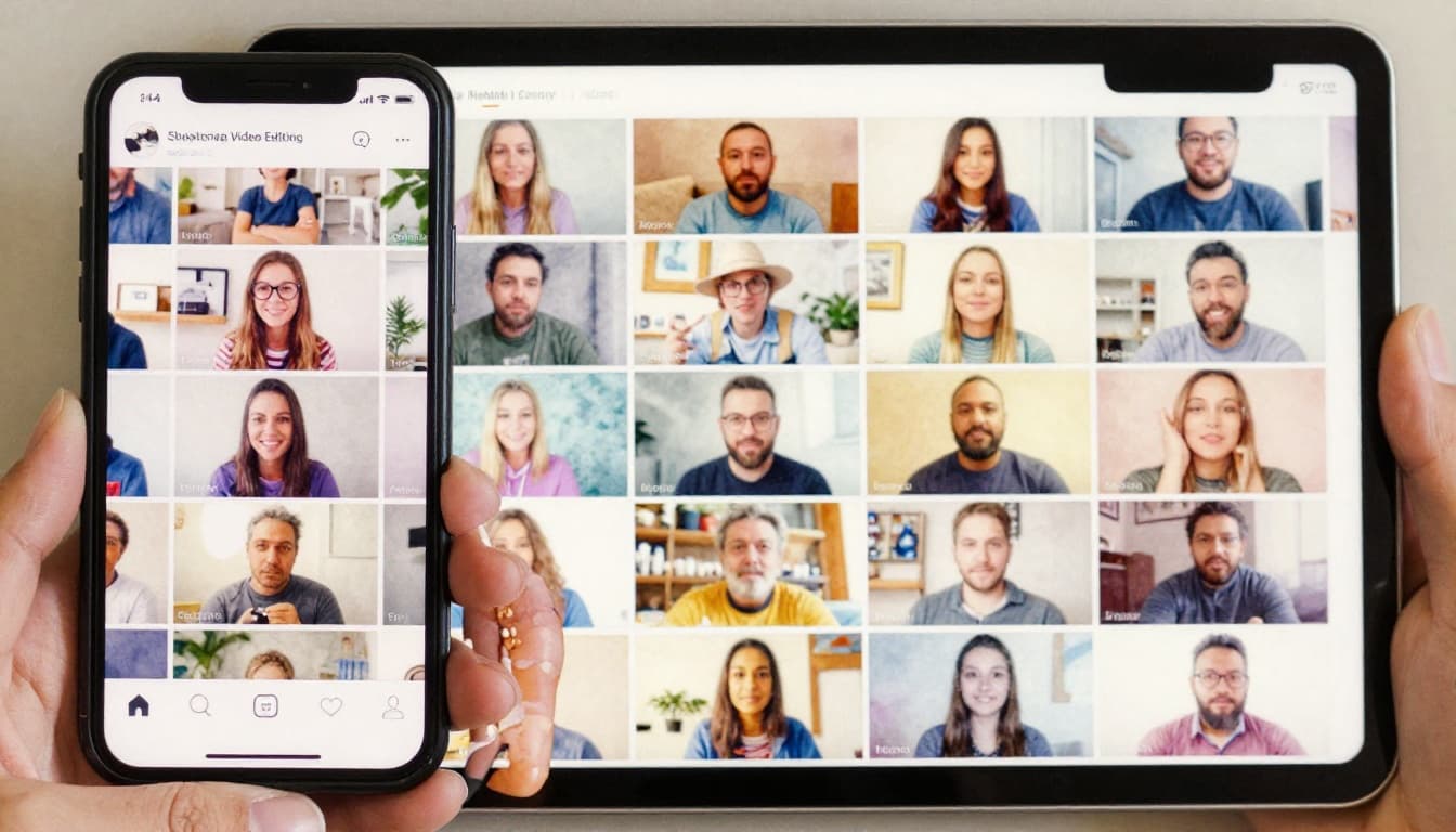 Watercolor-style illustration of a smartphone and tablet held in relaxed hands, displaying vibrant social media feeds with short edited video clips, blurred hook text overlays, and fast-paced transitions in warm tones.