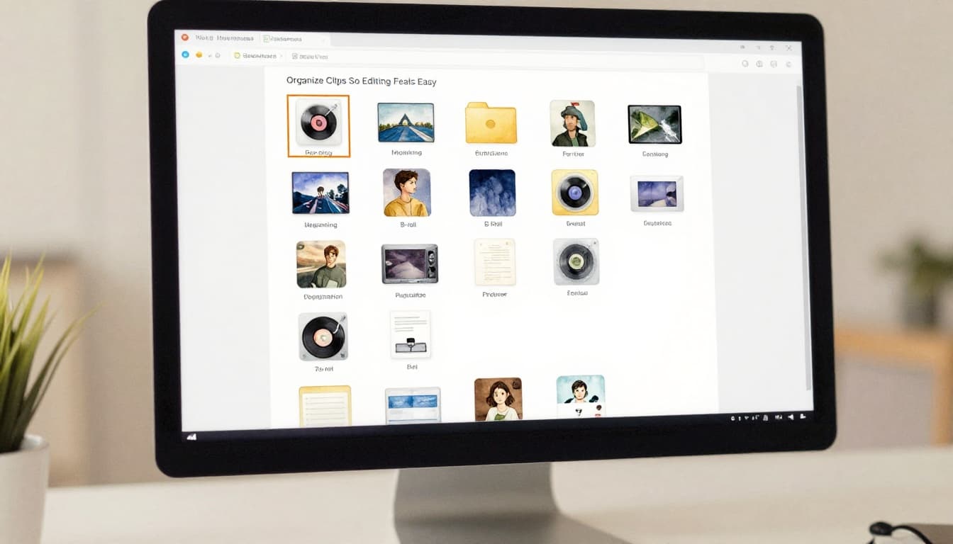 Watercolor style scene of organized digital folders on a laptop screen, featuring icons for raw clips, B-roll, audio, labeled by story parts like beginning, middle, and end. Desk setup with soft brush textures in warm neutral palette.
