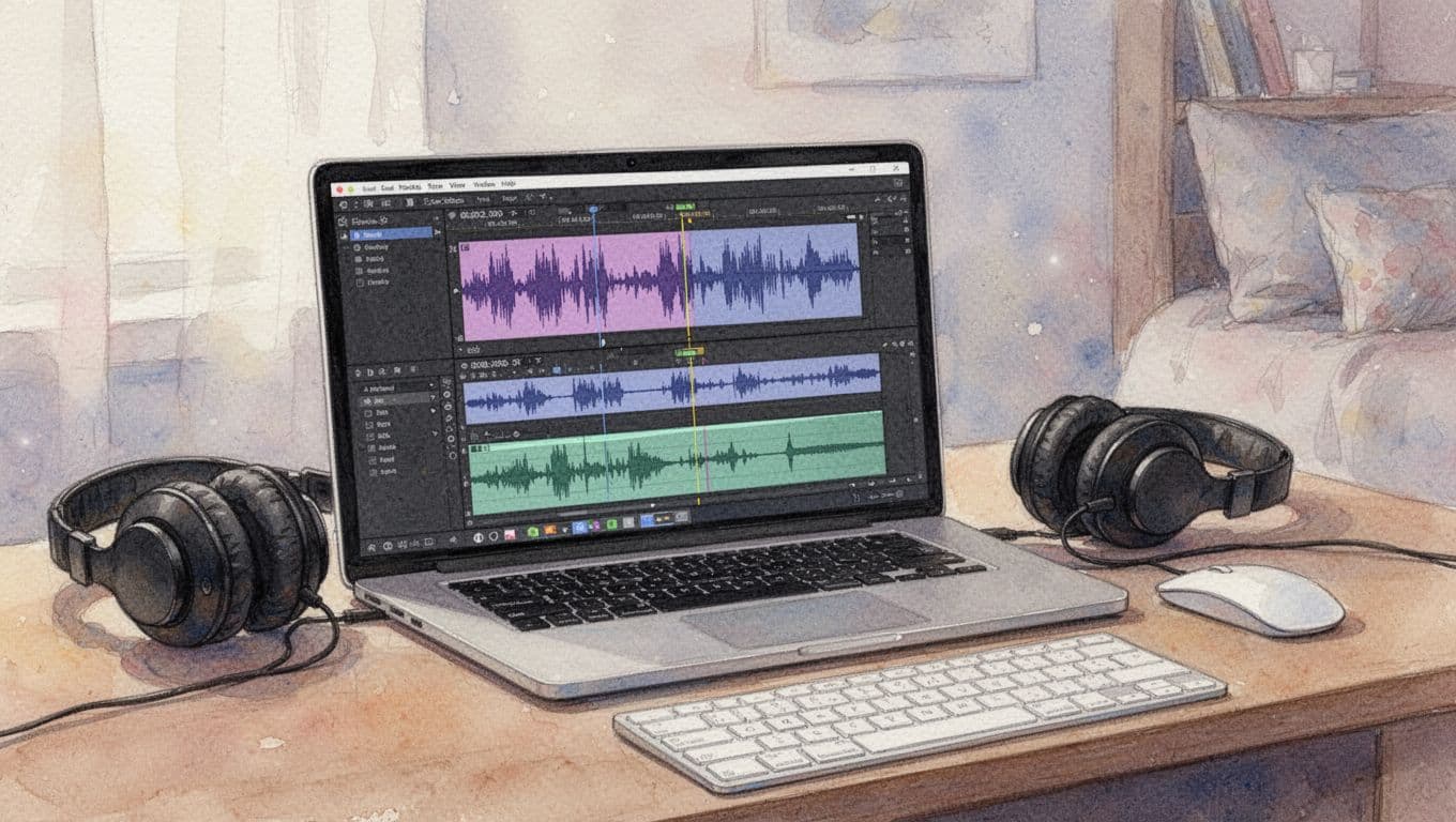 Watercolor-style illustration showing a laptop screen with two synced audio tracks and aligned waveforms after slate clap, headphones on desk with mouse and keyboard in a cozy room.