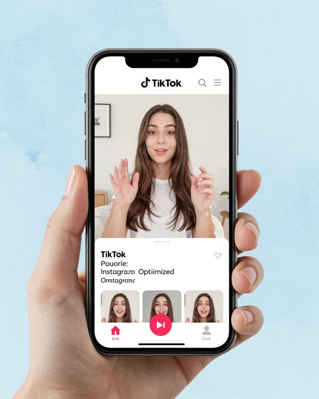 Watercolor style vertical phone screen mockup displaying TikTok or Instagram short video in action, held relaxed in two hands against simple room background in pale blue muted tones.