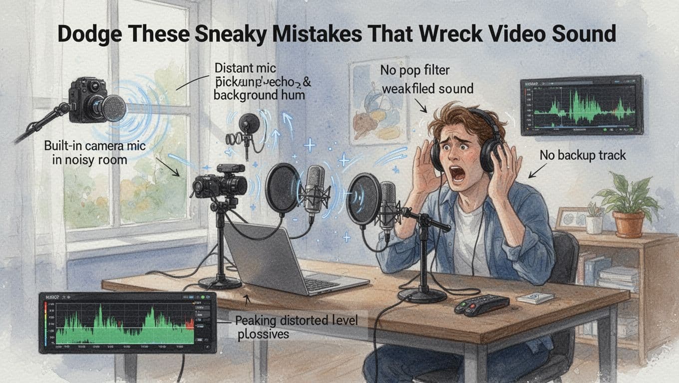 Watercolor style illustration with soft blending and brush texture showing common video audio errors: built-in camera mic in noisy room causing echo and hum, distant mic for muffled sound, no pop filter with plosives, peaking distortion on meter, frustrated solo creator in home desk setup under natural light.