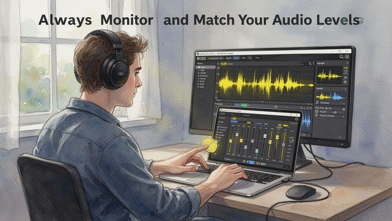 Watercolor style illustration of a video creator wearing closed-back headphones at a desk, focused on a laptop displaying OBS audio mixer meters peaking at -6dB yellow zone, adjusting slider with natural window light.