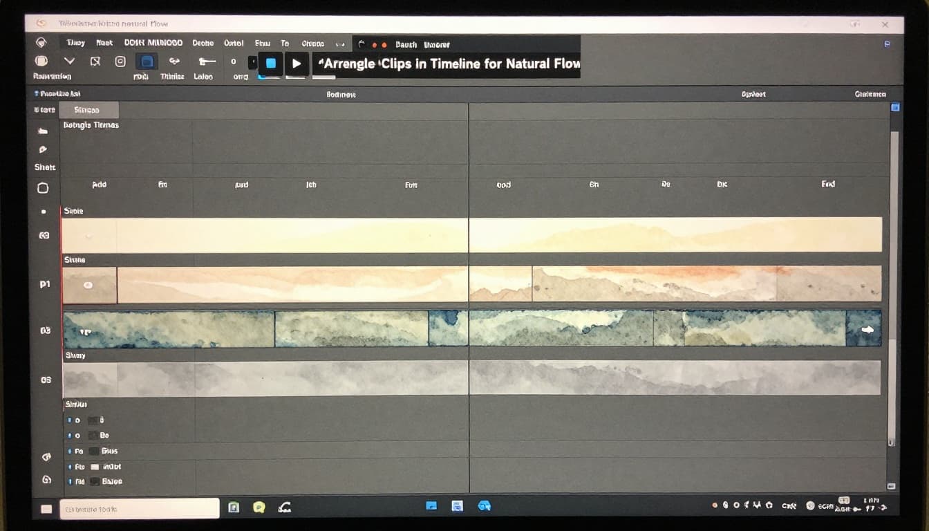 Watercolor depiction of a video editing timeline interface with clips arranged in beginning, middle, end sections, B-roll layers, simple transitions on a laptop screen.