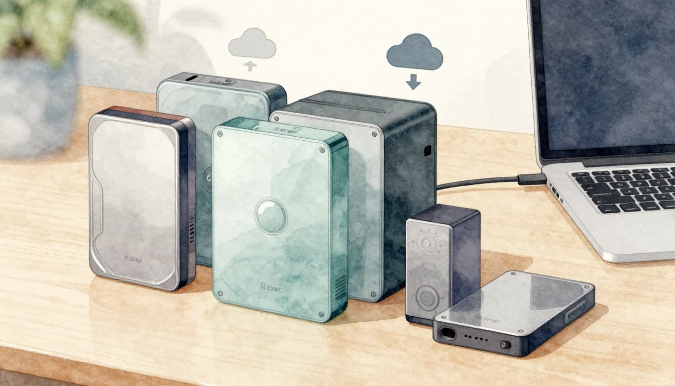 Watercolor illustration of a desk setup with external hard drives labeled for raw footage and backups connected to a laptop, cloud icons suggesting sync, in soft blending style with muted earth palette.