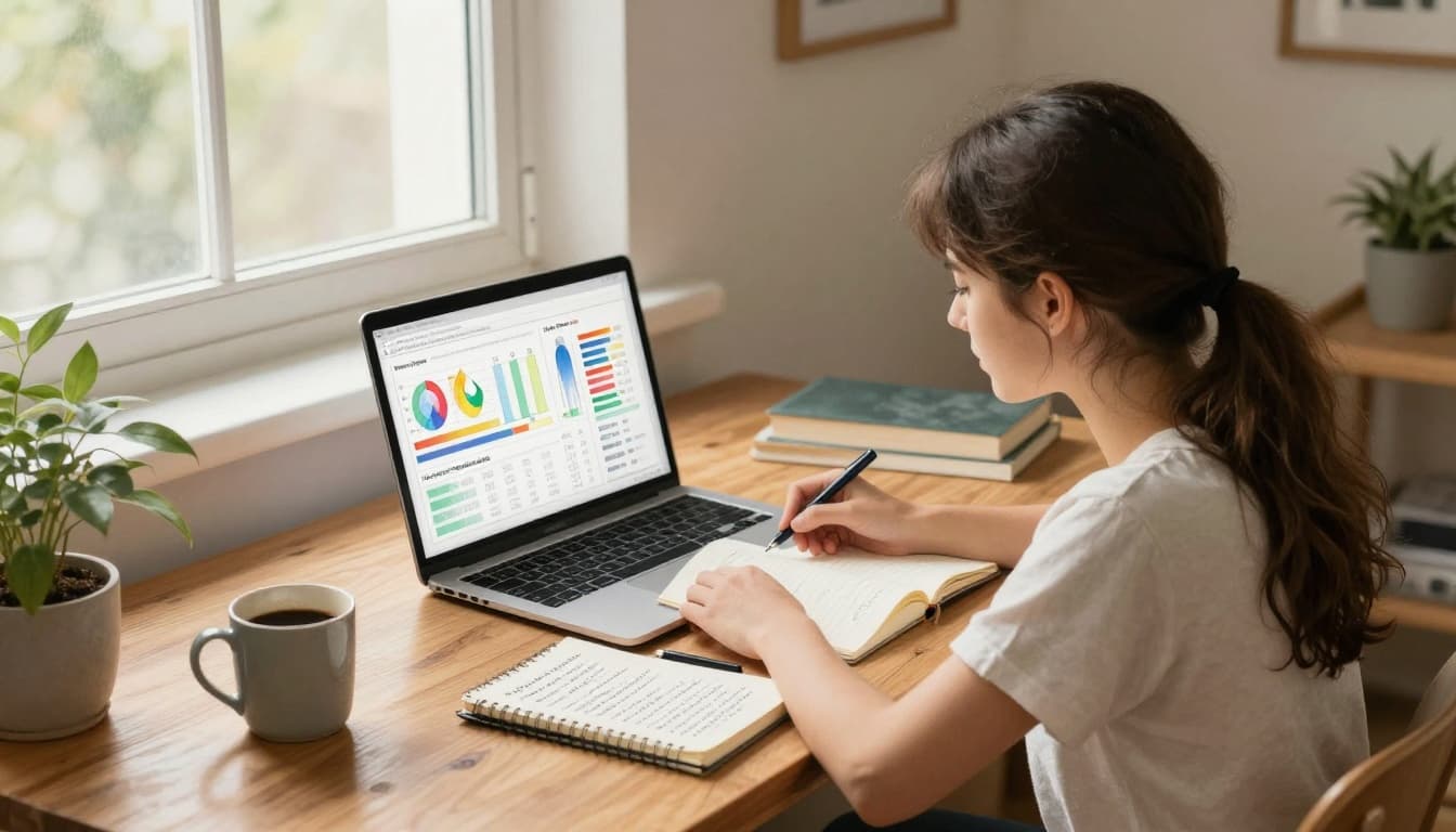 A focused young creator sits at a wooden desk in a cozy home office, laptop displaying colorful analytics charts and graphs, notebook with notes on audience demographics, coffee mug nearby, in watercolor style with soft blending and warm earthy palette.